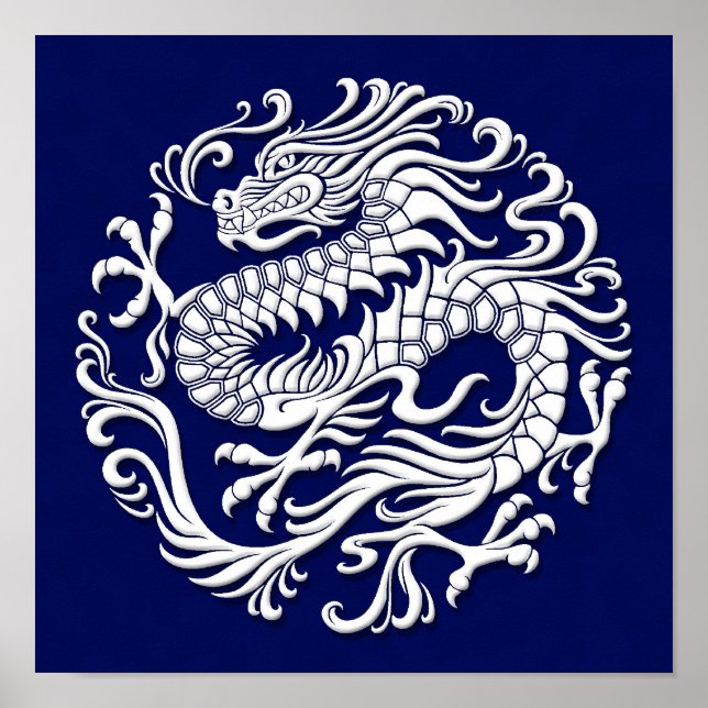 Pôster Círculo Tradicional do Dragão Chinês Branco e Azul (Frente)