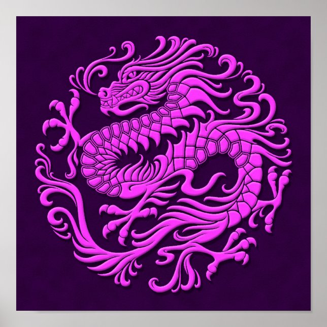 Pôster Círculo Tradicional do Dragão Chinês Roxo (Frente)