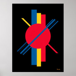 Poster Círculo Vermelho com Barras Azuis e Amarelas Bauha