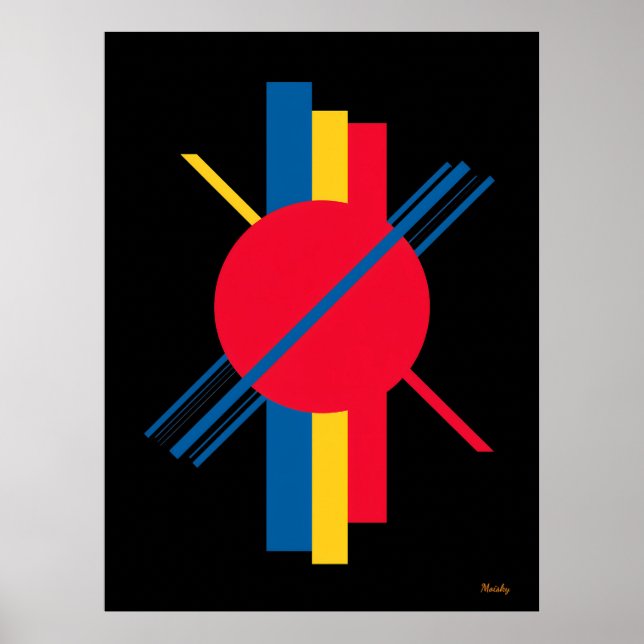 Poster Círculo Vermelho com Barras Azuis e Amarelas Bauha (Frente)