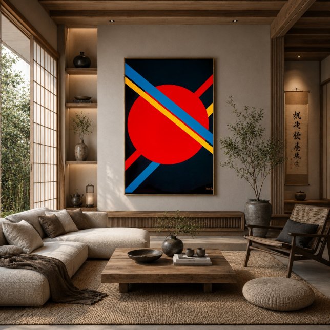 Poster Círculo Vermelho com Diagonais Azuis e Amarelas Ba (Criador carregado)