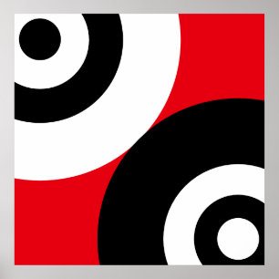 Poster Círculos Abstratos Preto e Branco sobre Vermelho