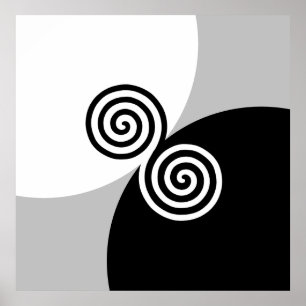 Poster Círculos Espirais Abstratos em Preto, Cinza e Bran