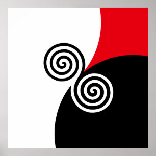 Poster Círculos Espirais Abstratos em Preto, Vermelho e B