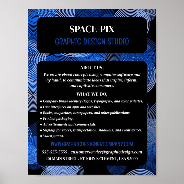 Poster Círculos Gráficos Azuis, Anúncio do Designer Gráfi (Frente)