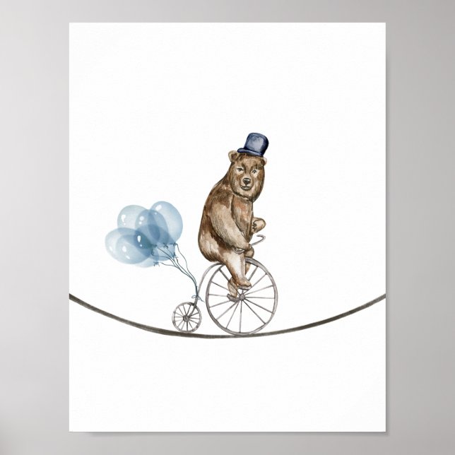 Poster Circus Bear On A Bike With Blue Balloons Nursery (Frente)