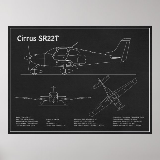 Poster Cirrus SR22T - Planos de desenho de projeto de avi (Frente)
