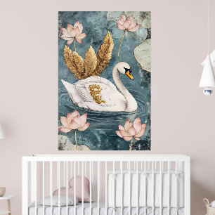 Poster cisne branco rodeado de flores de lótus.