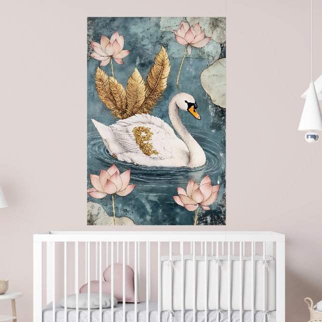Poster cisne branco rodeado de flores de lótus. (Berçário 2)
