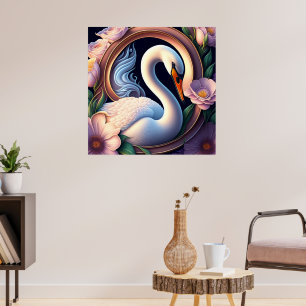 Poster Cisne de Aquarela Elegante na Flor Oriental