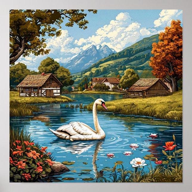 Poster Cisne romântico Natureza Elegante Decoração de Cas (Frente)