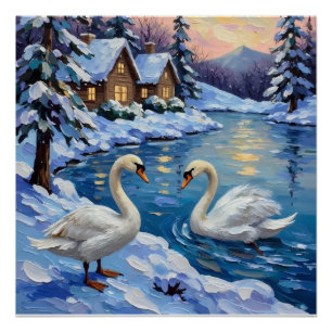 Pôster Cisnes Antigos em uma Pintura de Natal de Lago de