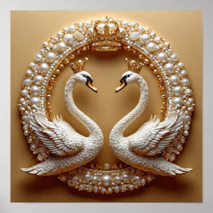 Poster Cisnes de Casamento de Luxo Amor Eterno Arte Român