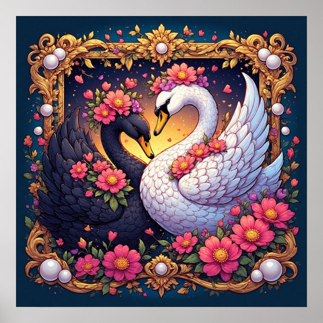 Poster Cisnes de Casamento Enquadrados com Ouro e Flores (Frente)