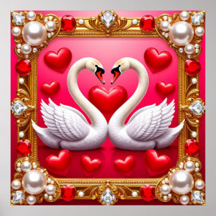 Poster Cisnes de Casamento Romântico Enquadrados por Joia