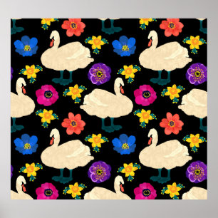Poster Cisnes, flores, fundo preto desenhado à mão.