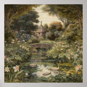 Poster Cisnes Vintage em Jardim Inglês Botânico Arte Fina