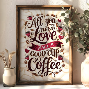 Poster Citação de Amor e Café com Coração e Grãos de Café