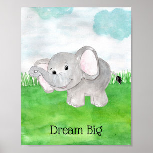 Poster Citação de Berçário de Elefante Bebê Fofo Sonhe Gr