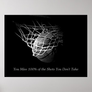 Poster Citação Motivacional em Preto e Branco Basquetebol