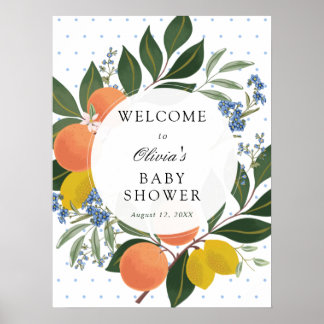 Poster Citrus Greenery Blue Chá de fraldas Sinal de Boas-