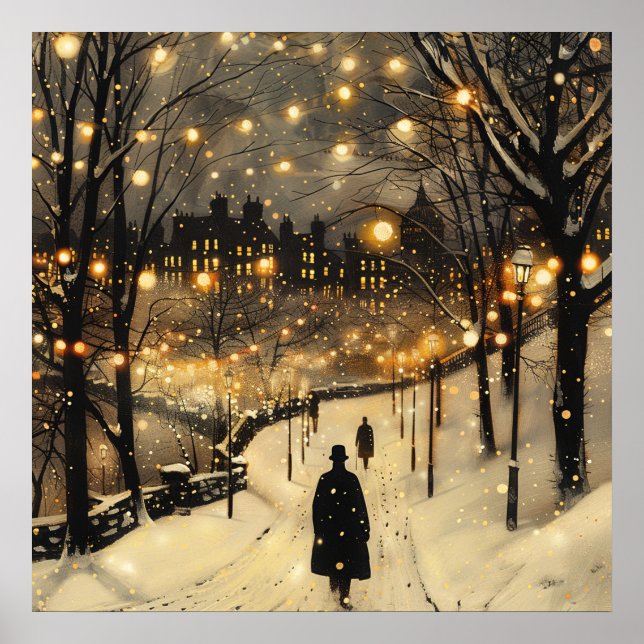Poster City Lights Winter Men in Black on Sidewalk (Frente)