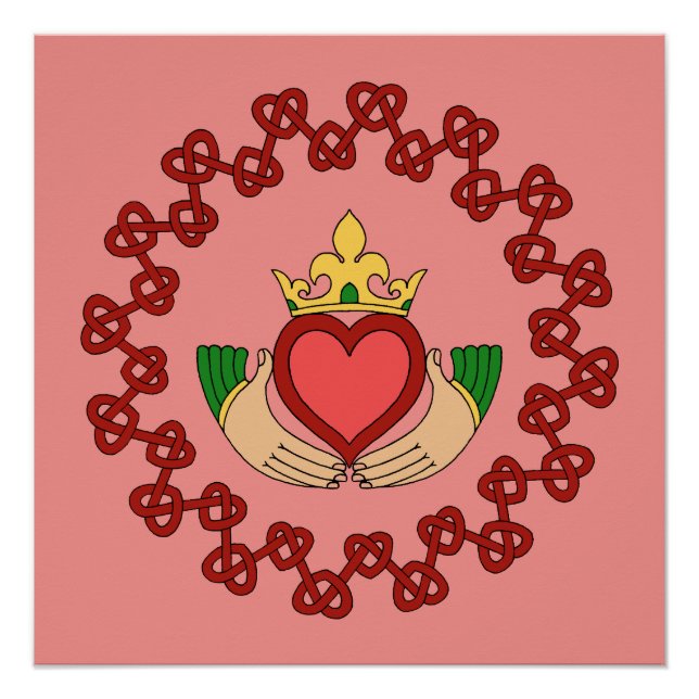 Pôster Claddagh e Red Knotwork a rosa (Frente)