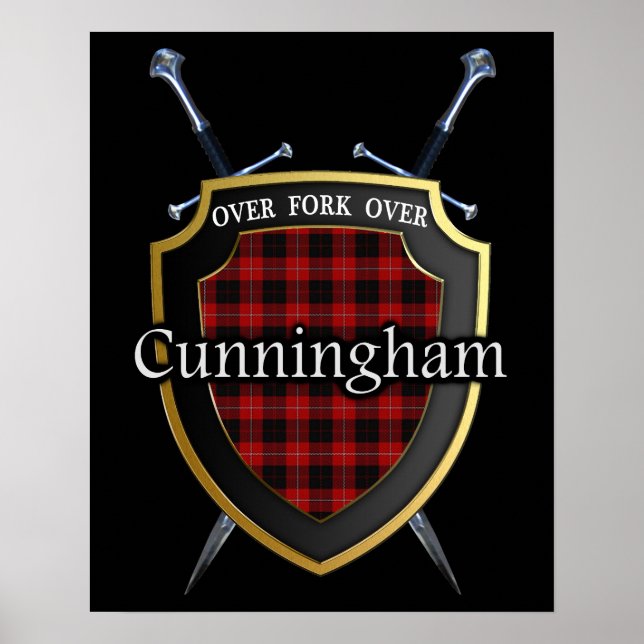 Pôster Clan Cunningham Tartan Scottish Shield & Swords (Frente)