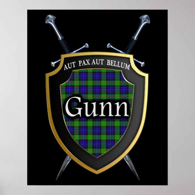 Pôster Clan Gunn Tartan Scottish Shield & Swords (Frente)