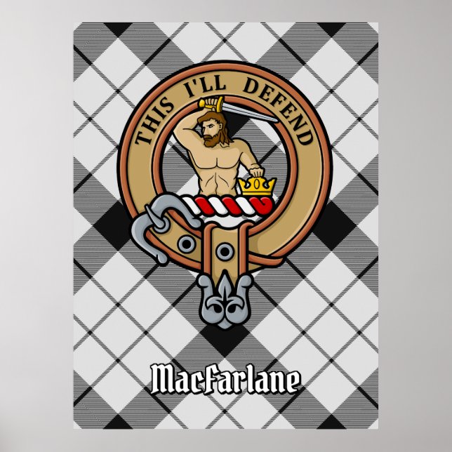 Poster Clan MacFarlane Crest sobre Tartan Preto e Branco (Frente)