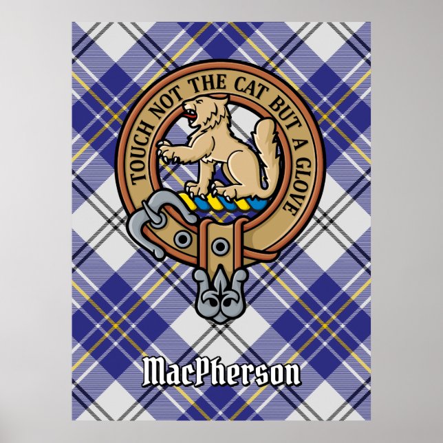 Poster Clan MacPherson Crest sobre Blue Dress Tartan (Frente)