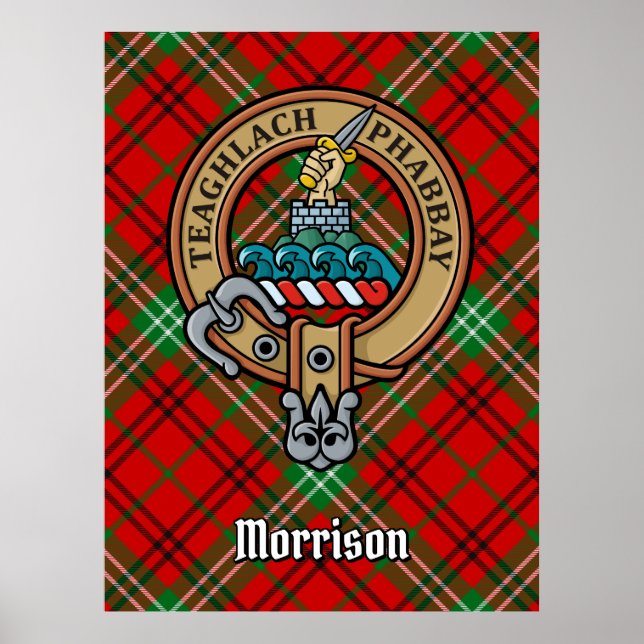Poster Clan Morrison Crest sobre o Red Tartan (Frente)