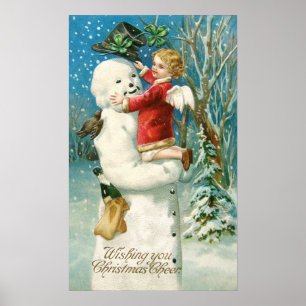 Pôster Clapsaddle: Boneco de neve com menina do anjo