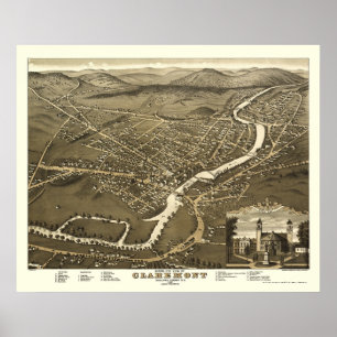 Pôster Claremont, mapa panorâmico do NH - 1877