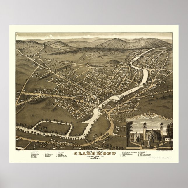 Pôster Claremont, Mapa Panorâmico NH - 1877 (Frente)