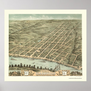 Pôster Clarksville, mapa panorâmico do TN - 1870