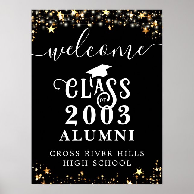 Poster Class Reunion Welcome Black Gold Stars Custom (Frente)