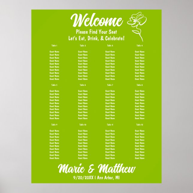 Poster Classic Citrus Green Floral Wedding Seating Chart (Frente)