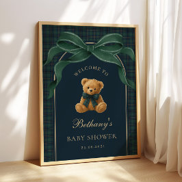 Poster Classic Green Plaid Teddy Bear Baby Shower Welcome