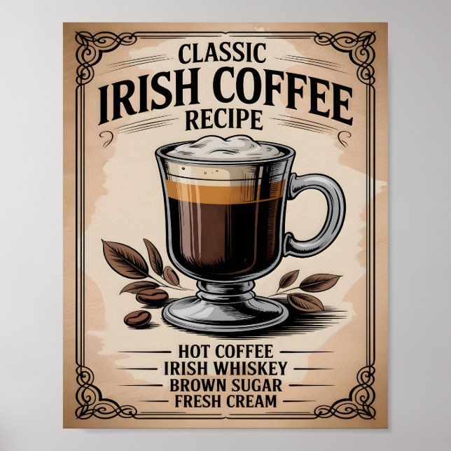 Poster Classic Irish Coffee Recipe Vintage Rustic Kitchen (Frente)