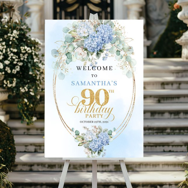 Poster Classic Light Blue Eucalyptus 90 Birthday Welcome (Classic Light Blue Eucalyptus 90th Birthday Welcome)