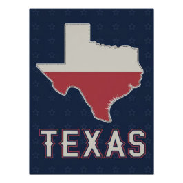 Pôster Classic Texas Map with Lone Star Flag and Stars