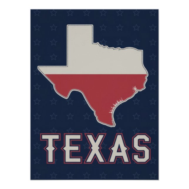 Pôster Classic Texas Map with Lone Star Flag and Stars (Frente)