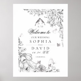Poster Classic White Black Floral Wedding Welcome