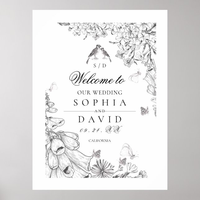 Poster Classic White Black Floral Wedding Welcome  (Frente)
