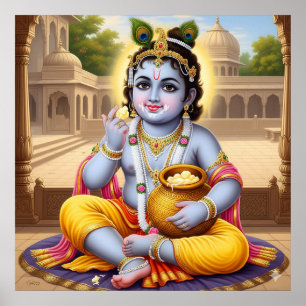 Poster Clássico Azul Alegre Bala Krishna Arte de Desenho