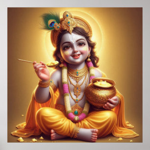 Poster Clássico Azul Alegre Design de Krishna com Pote de