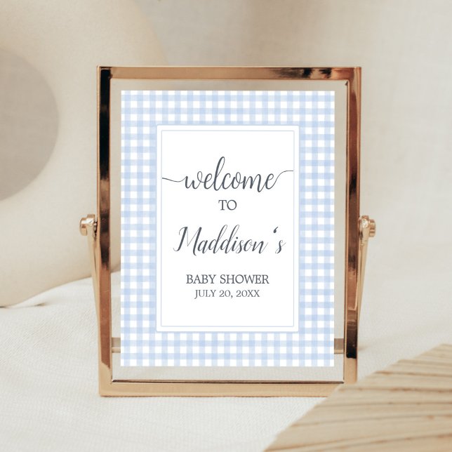 Poster Clássico Azul Gingham Bem-vindo (Boy Gingham Baby Shower Welcome Sign)