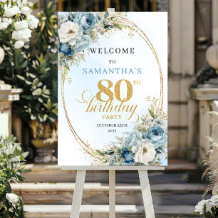 Poster Clássico boho flores azuis eucalipto dourado 80º