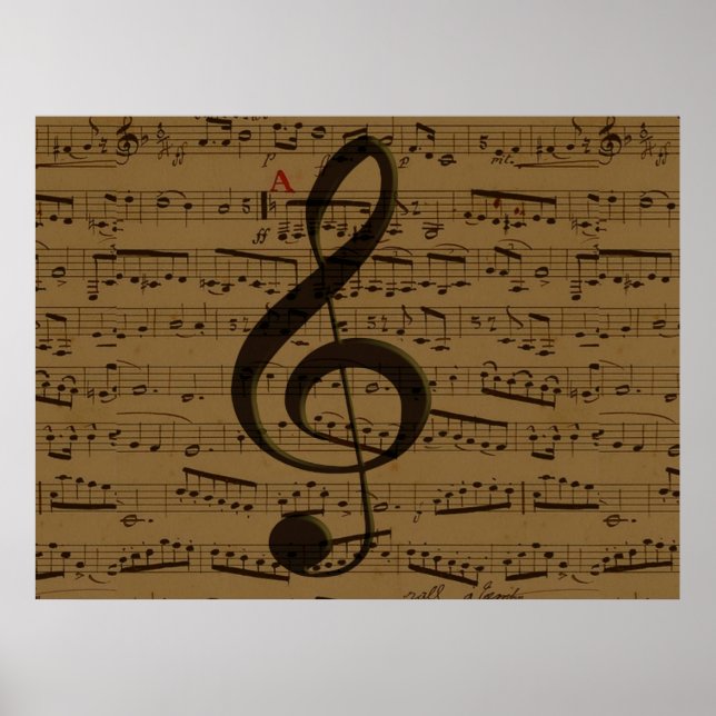 Pôster Clássico de Partitura de Clave de Sol Musical  (Frente)